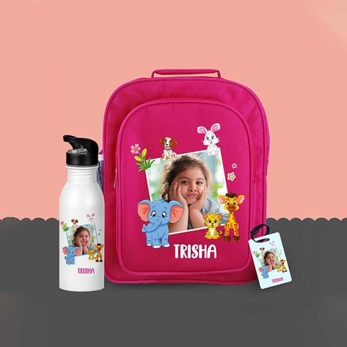 Personalized School Bag & Steel Sipper with Bag Tag Combo For Kids