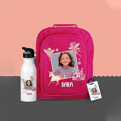 Personalized School Bag & Steel Sipper with Bag Tag Combo For Kids
