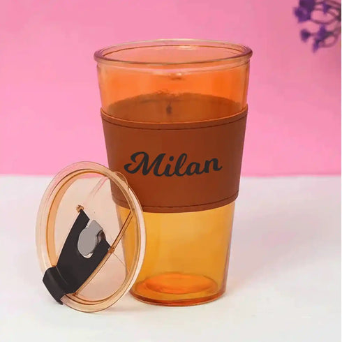 Personalized Glass Sipper with Leather Sleeve - Brown