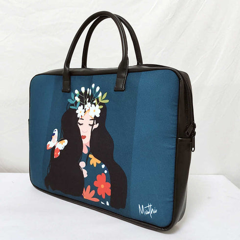 Floral Girl Printed Customised Canvas and PU Laptop Bag