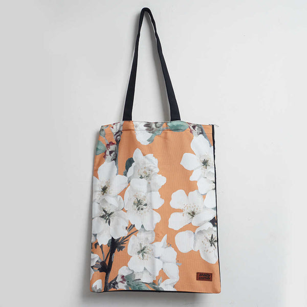 White Floral Printed Tote Bag
