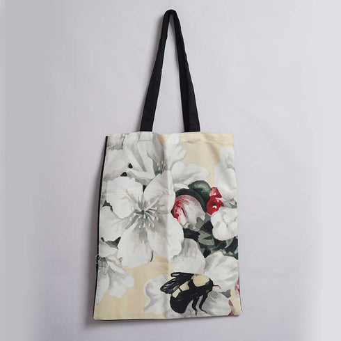 White Flower & Bee Printed Tote Bag