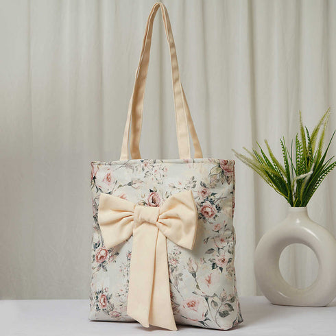 Women Floral Printed Shopper Tote Bag with Bow Detail - Uncommongifts.in