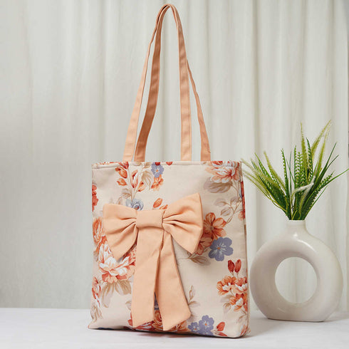 Women Floral Printed Shopper Tote Bag with Peach Bow Detail - Uncommongifts.in
