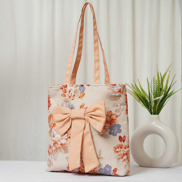 Women Floral Printed Shopper Tote Bag with Peach Bow Detail - Uncommongifts.in