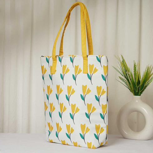Yellow Floral Printed Oversized Shopper Tote Bag - Uncommongifts.in