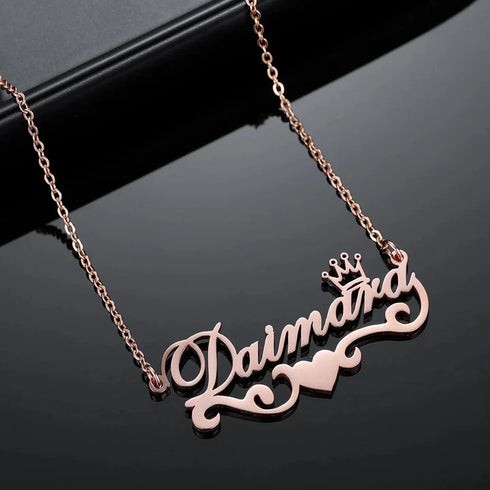 Personalised Gold Plated Queen & Heart Name Pendant - Uncommongifts.in