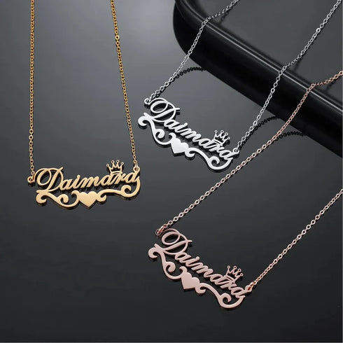 Personalised Gold Plated Queen & Heart Name Pendant - Uncommongifts.in