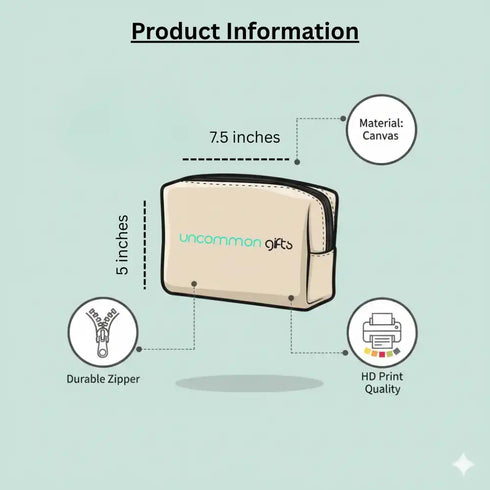 Product information graphic of a beige pouch with 'unccommon gifts' branding on a light green background.