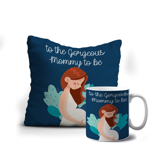 The Most Gorgeous Mommy to Be Printed Gift Combo Mug and Satin Cushion Gift Combo - Uncommongifts.in