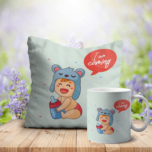 Crazy Corner I'm Coming Printed Satin Cushion & Mug Combo for Parent to Be - Uncommongifts.in