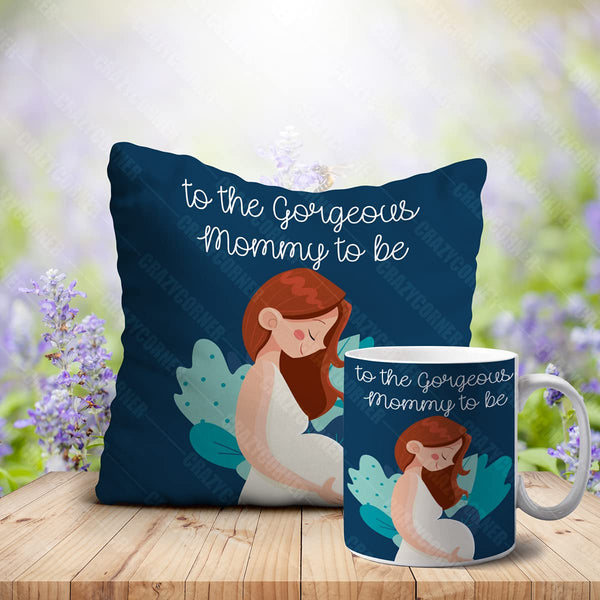 The Most Gorgeous Mommy to Be Printed Gift Combo Mug and Satin Cushion Gift Combo - Uncommongifts.in