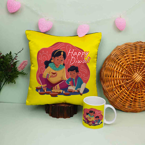 Yellow Happy Diwali Cushion Mug Combo - Uncommongifts.in