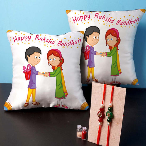 Happy Raksha Bandha Rakhi & Cushion Combo - Uncommongifts.in