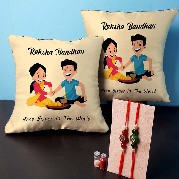 Best Sister in The World Rakhi & Cushion Combo - Uncommongifts.in