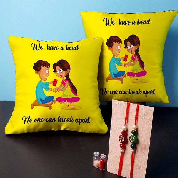 We Have a Bond Rakhi & Cushion Combo - Uncommongifts.in