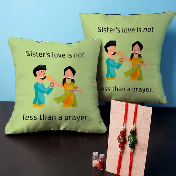 Sister Love is Not Less Than a Prayer Rakhi & Cushion Combo - Uncommongifts.in