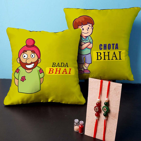 Bada Bhai Chota Bhai Rakhi & Cushion Combo - Uncommongifts.in