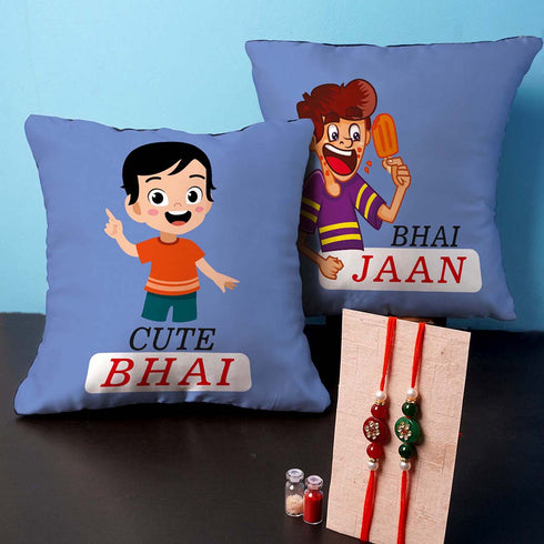Cute Bhai Bhai Jaan Rakhi & Cushion Combo - Uncommongifts.in