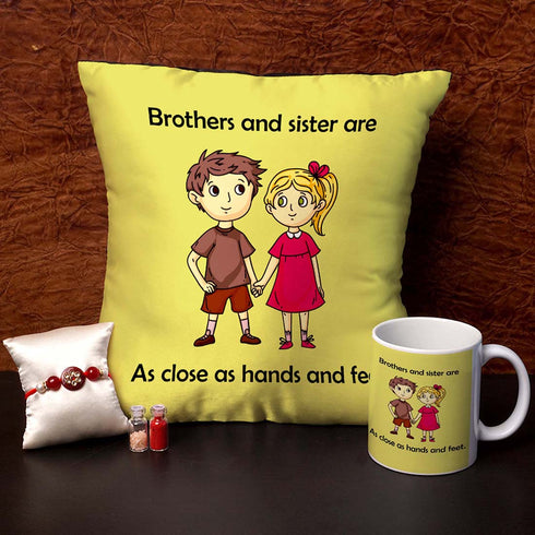 Brother & Sister are As Close As Hand & Feet Cushion,Mug & Rakhi Combo - Uncommongifts.in