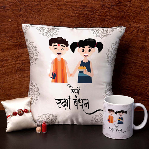 Happy Rakhsa Bandhan Cushion,Mug & Rakhi Combo - Uncommongifts.in