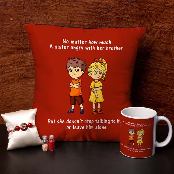 A Sister Angry With Her Brother Cushion,Mug & Rakhi Combo - Uncommongifts.in