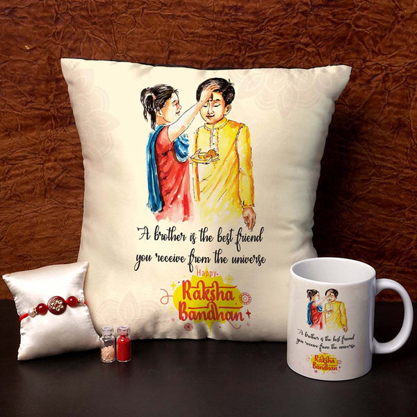 A Brother is The Best Friend Cushion,Mug & Rakhi Combo - Uncommongifts.in