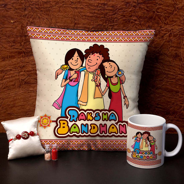 Raksha Bandhan Cushion,Mug & Rakhi Combo - Uncommongifts.in