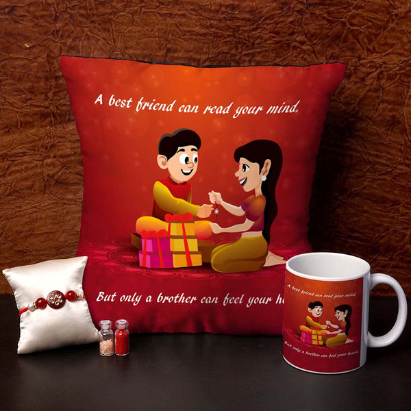 A Best Friend Read Your Mind Cushion,Mug & Rakhi Combo - Uncommongifts.in