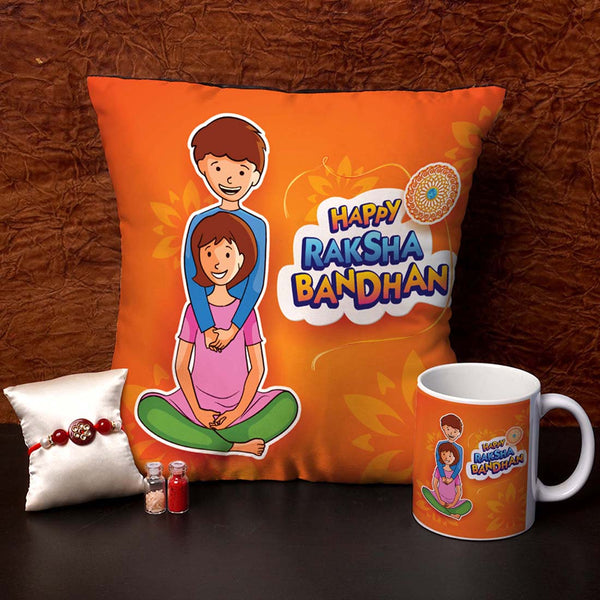 Happy Rakhsa Bandhan Text Cushion,Mug & Rakhi Combo - Uncommongifts.in