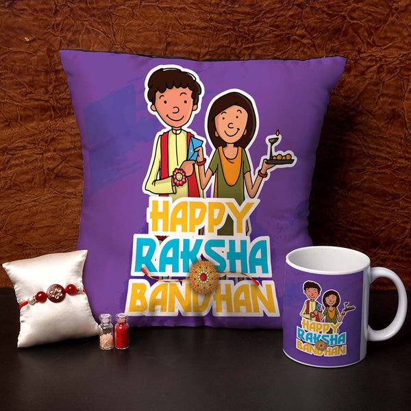 Happy Rakhsa Bandhan Purple Cushion,Mug & Rakhi Combo - Uncommongifts.in