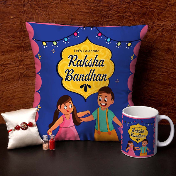 Let's Celebrate Raksha Bandhan Cushion,Mug & Rakhi Combo - Uncommongifts.in