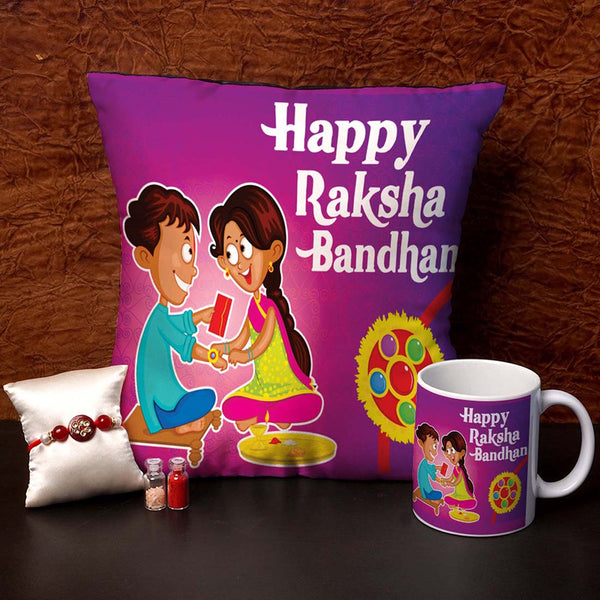 Raksha Bandhan Multicolor Cushion,Mug & Rakhi Combo - Uncommongifts.in