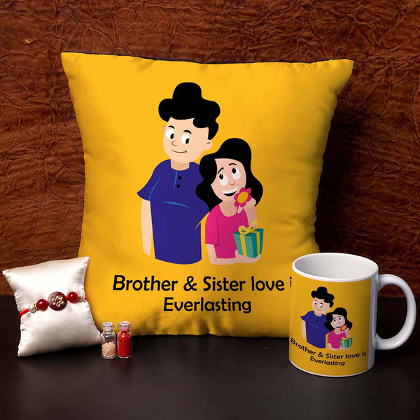 Brother & Sister love is everlasting Cushion,Mug & Rakhi Combo - Uncommongifts.in