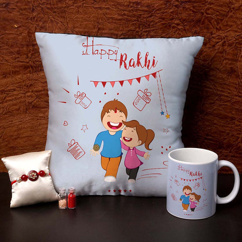 Happy Rakhi Cushion,Mug & Rakhi Combo - Uncommongifts.in