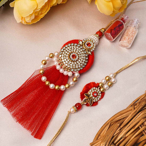 Red Pearl Gota Work Rakhi Set for Bhaya & Bhabi - Uncommongifts.in