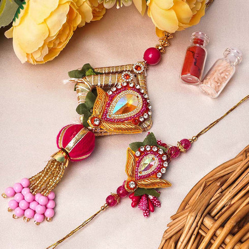 Magenta Meenakari Rakhi Set for Bhaya & Bhabi - Uncommongifts.in