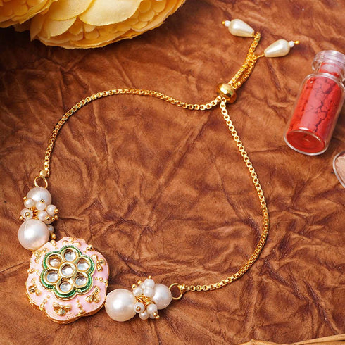 Green Lined Flower Pearl Bunch Kundan Rakhi - Uncommongifts.in