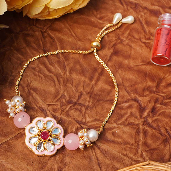 Pink Bead Pearl Bunch Kundan Flower Rakhi - Uncommongifts.in