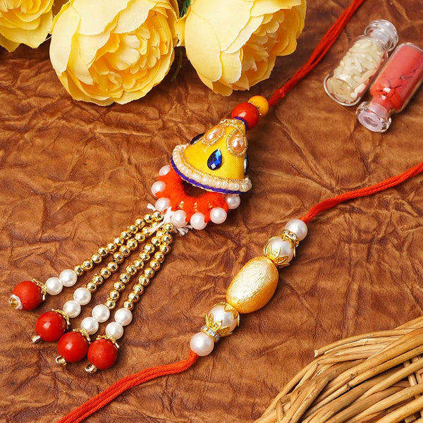 Yellow Bell Meenakari & Pearl Rakhi Set For Bhaya & Bhabi - Uncommongifts.in