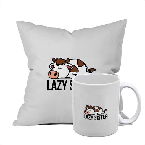 Lazy sister white cushion and mug combo gift set - Uncommongifts.in