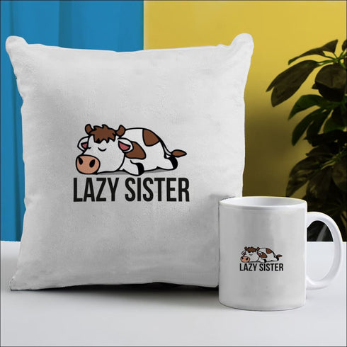 Lazy sister white cushion and mug combo gift set - Uncommongifts.in