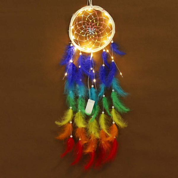 Rainbow Feathers LED Dreamcatcher - Uncommongifts.in