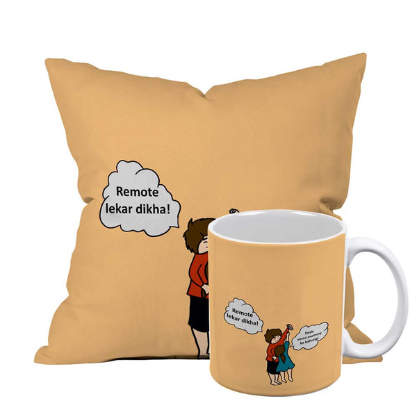 Remote fight cushion and mug combo gift set - Uncommongifts.in