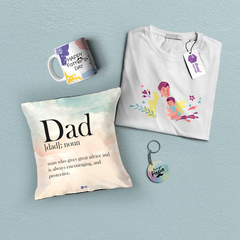 T-Shirt, Cushion, Keychain and Mug Fathers Day Gift Combo - Uncommongifts.in