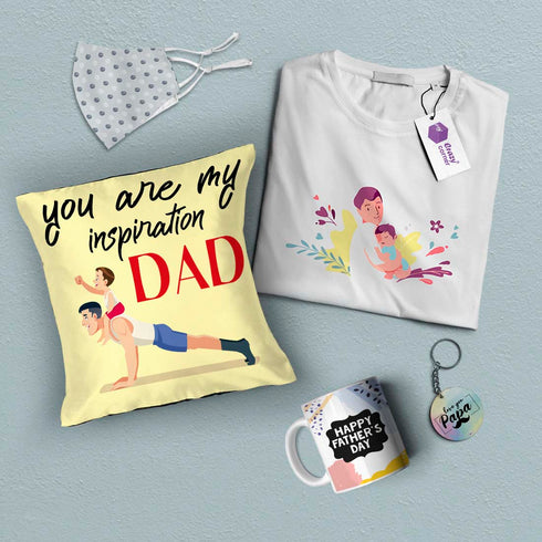 T-Shirt, Face Mask, Cushion, Mug and Keychain Fathers Day Gift Combo - Uncommongifts.in