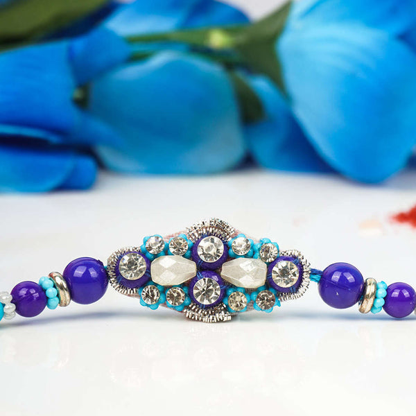 Crystal adorned Blue Beaded Evil Eye Rakhi - Uncommongifts.in