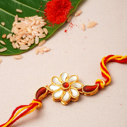 White Crystal Flower Thread Rakhi - Uncommongifts.in