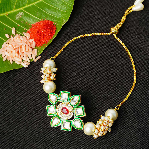 Green Bordered Crystal pearl Bunch Rakhi - Uncommongifts.in