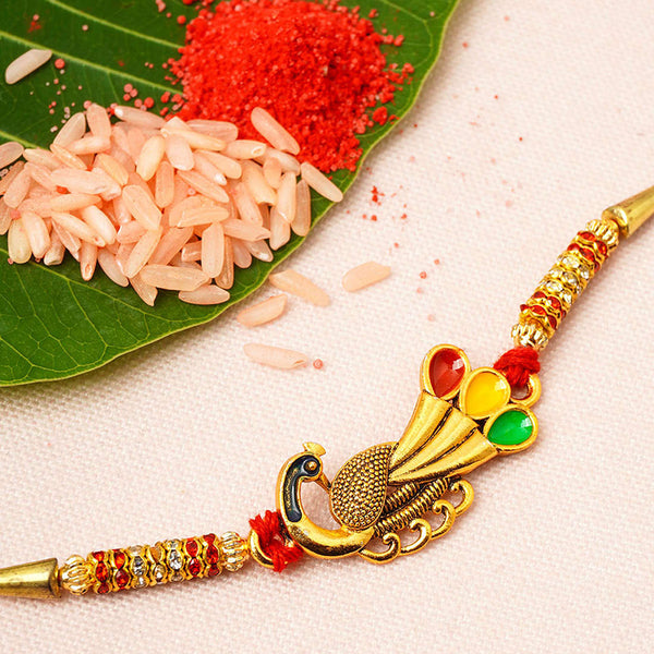 Gold Colorful Feather Peacock Rakhi - Uncommongifts.in